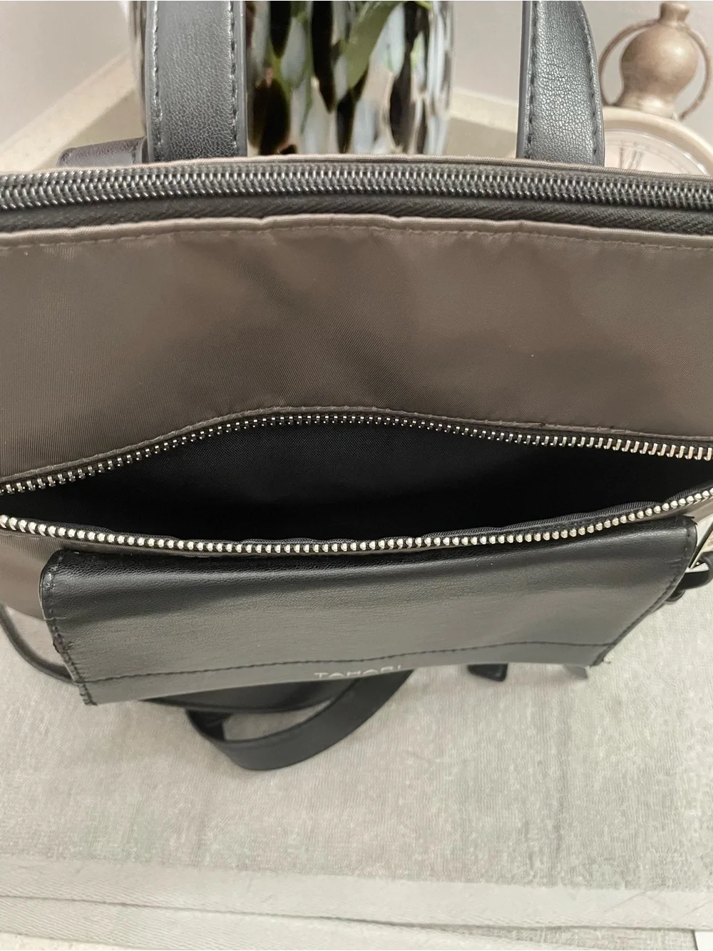 Tahari Taupe Nylon Backpack Tote with Black Leather Trim